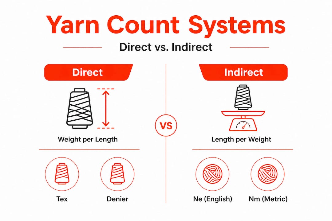 Infographic comparing direct and indirect yarn count systems