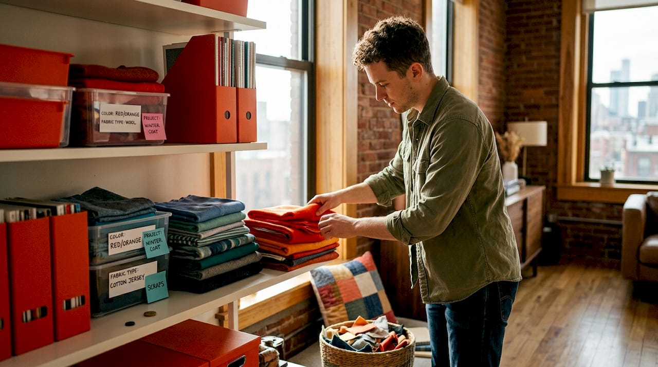 Man sorting fabric by color on shelves