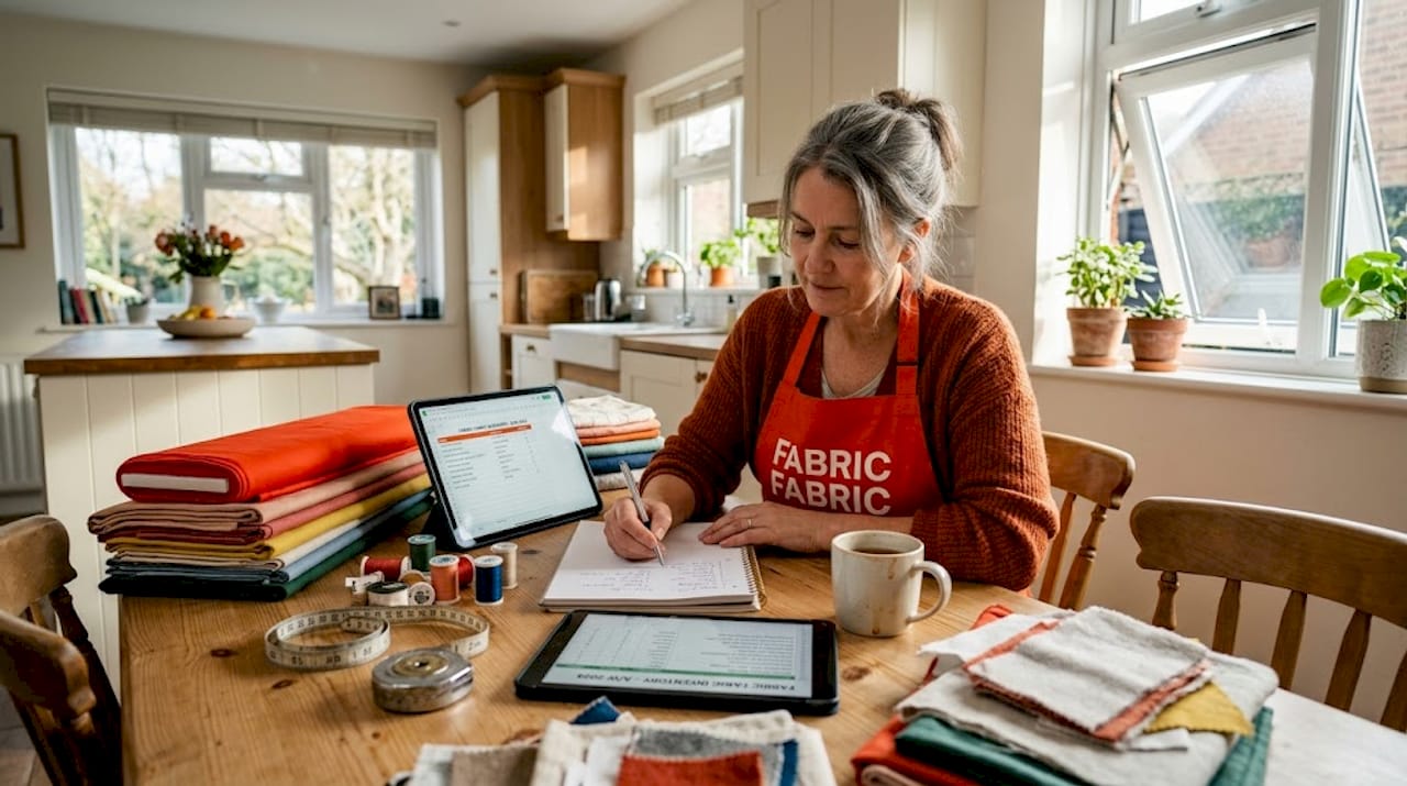 Woman taking fabric inventory at kitchen table