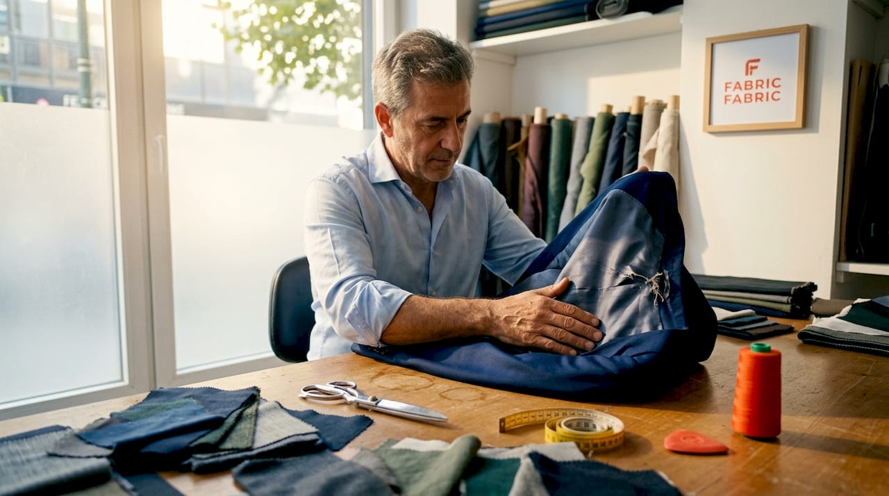 Tailor inspecting Bemberg lining inside jacket
