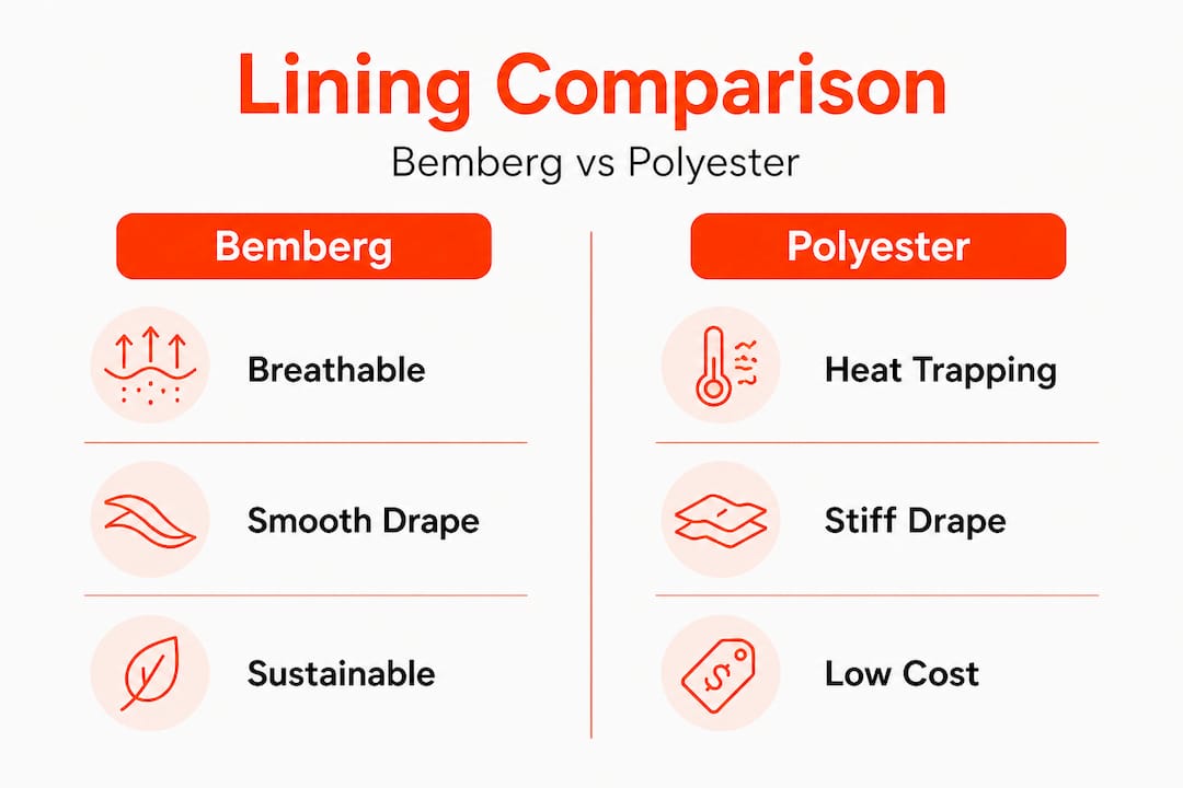 Infographic comparing Bemberg versus polyester linings