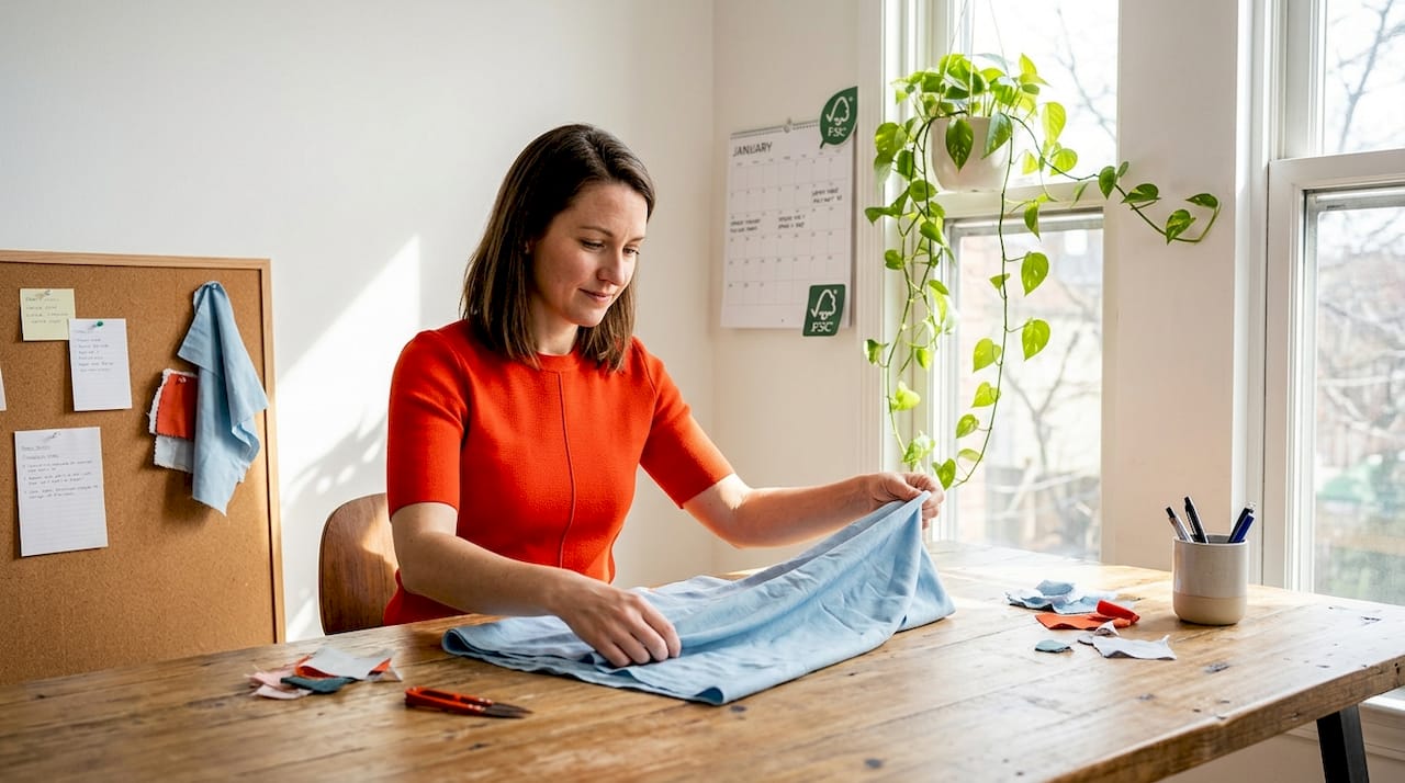 Designer working with lyocell fabric in studio