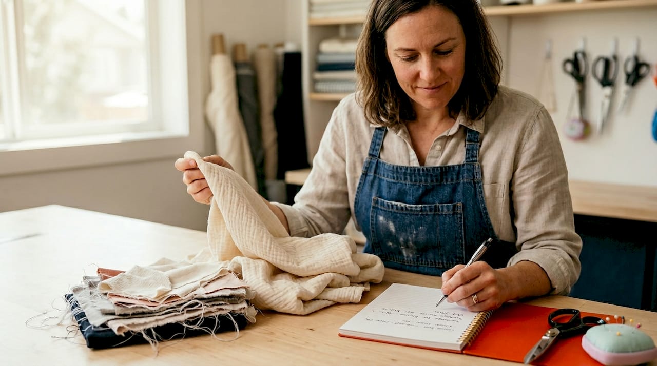 Designer inspecting double gauze fabric sample
