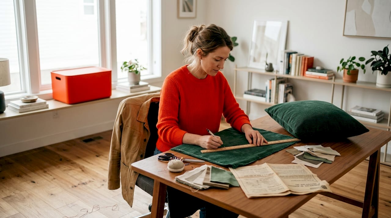 Woman measuring corduroy at sewing desk
