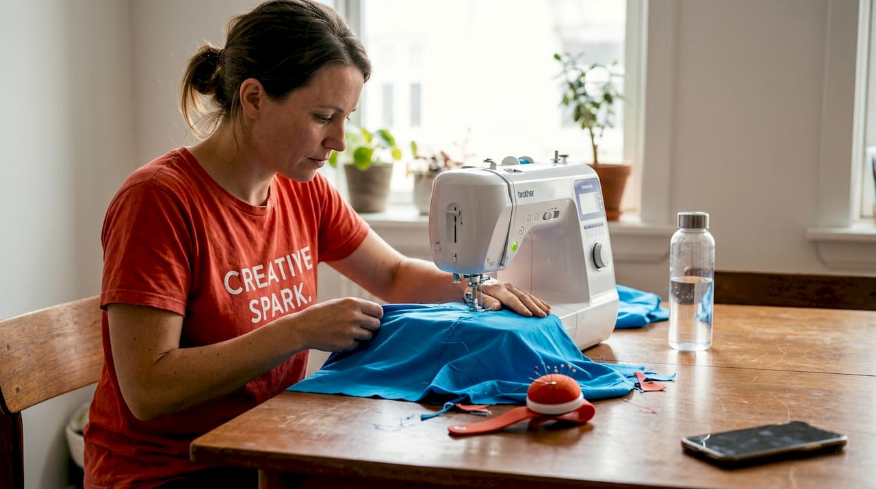 Woman sewing blue spandex fabric at table