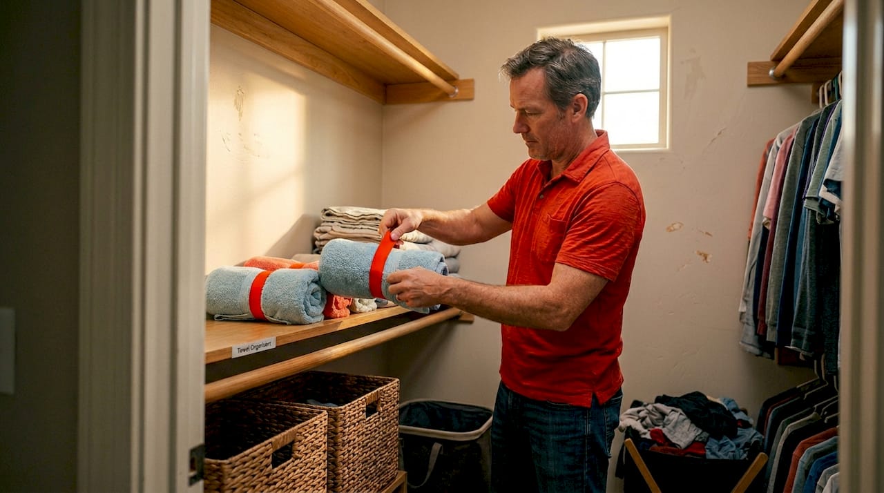 Man organizing towels with elastic spandex bands