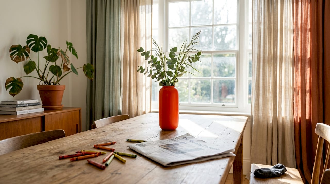 Dining room with earth-toned linen drapes