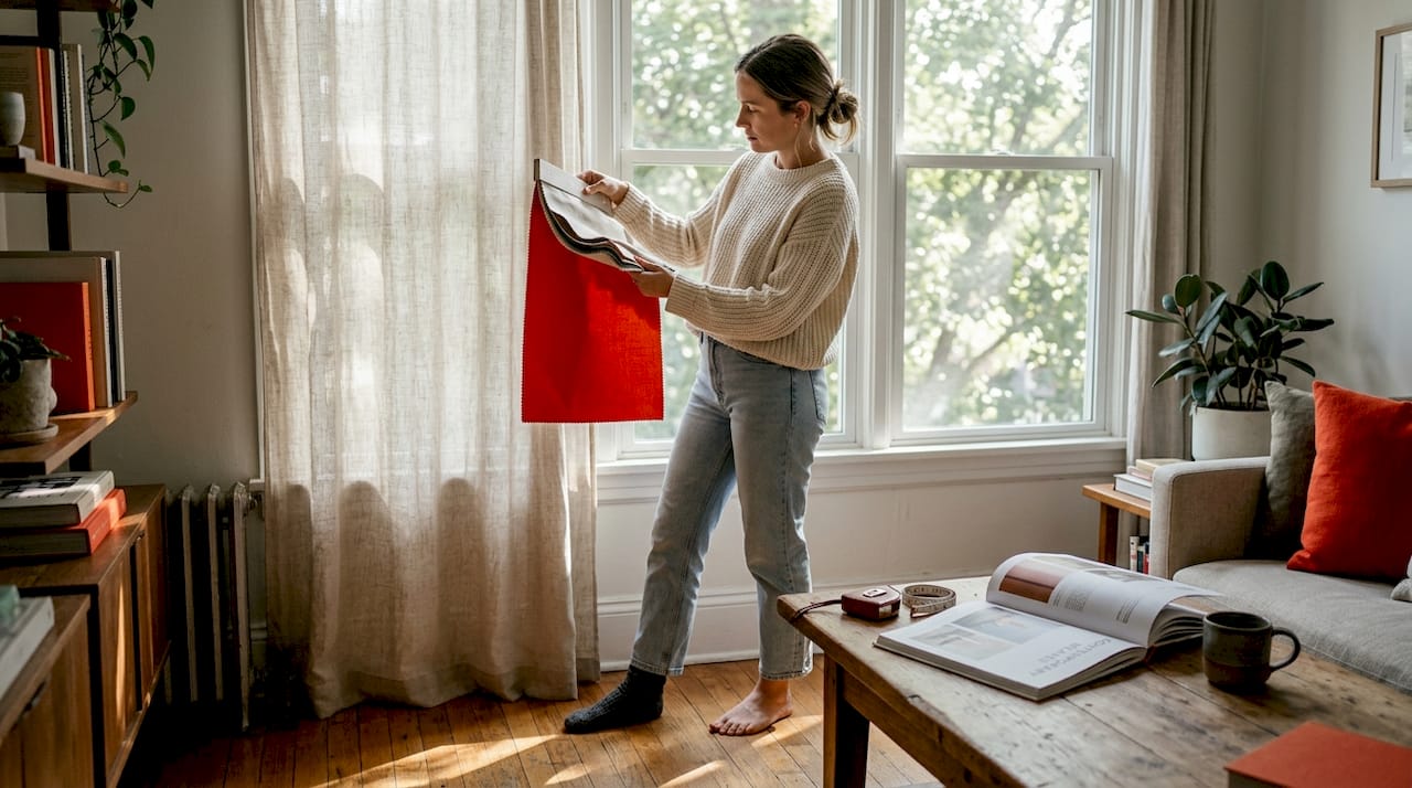 Woman comparing drapery fabrics in living room