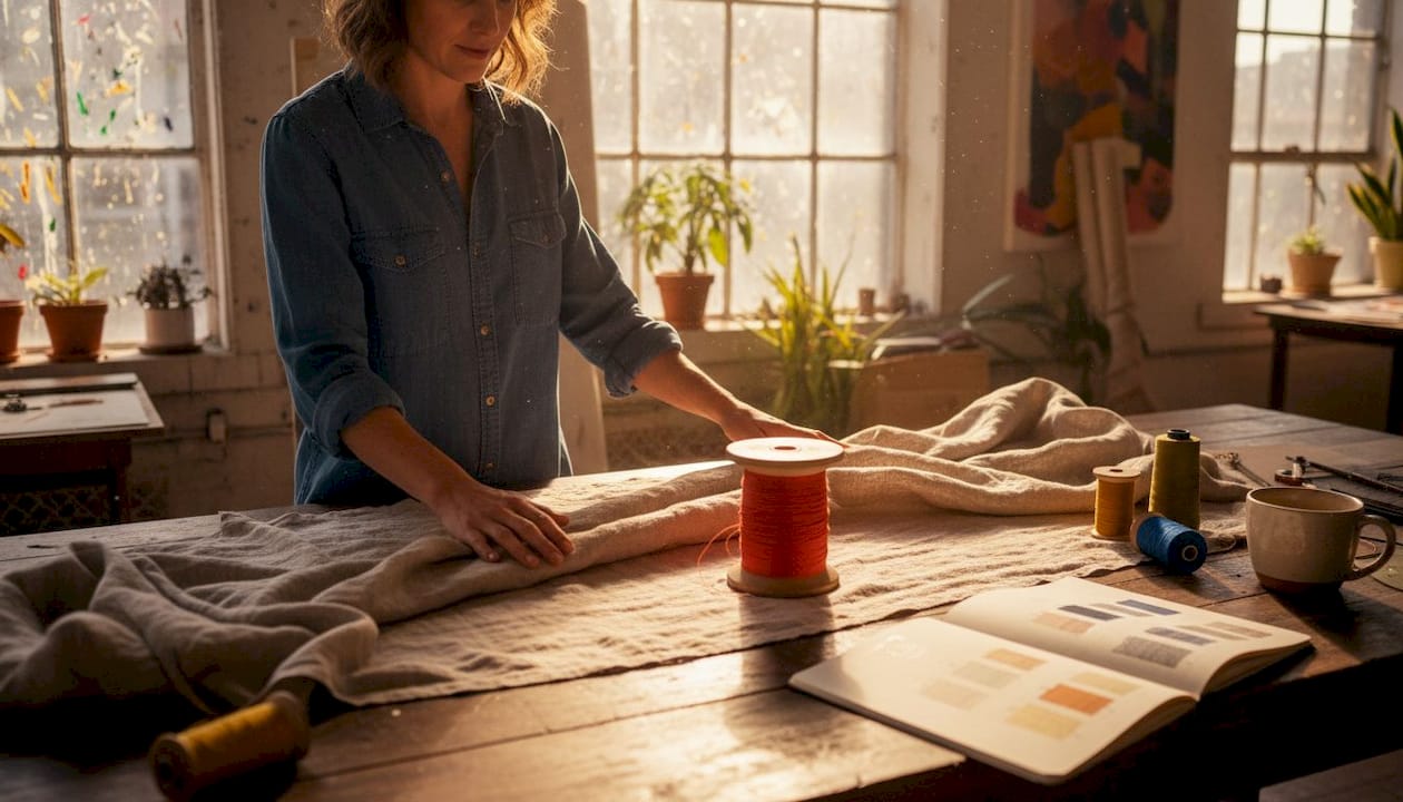Textile artist examines slub linen fabric