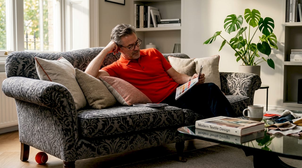 Man sitting on damask-upholstered sofa at home