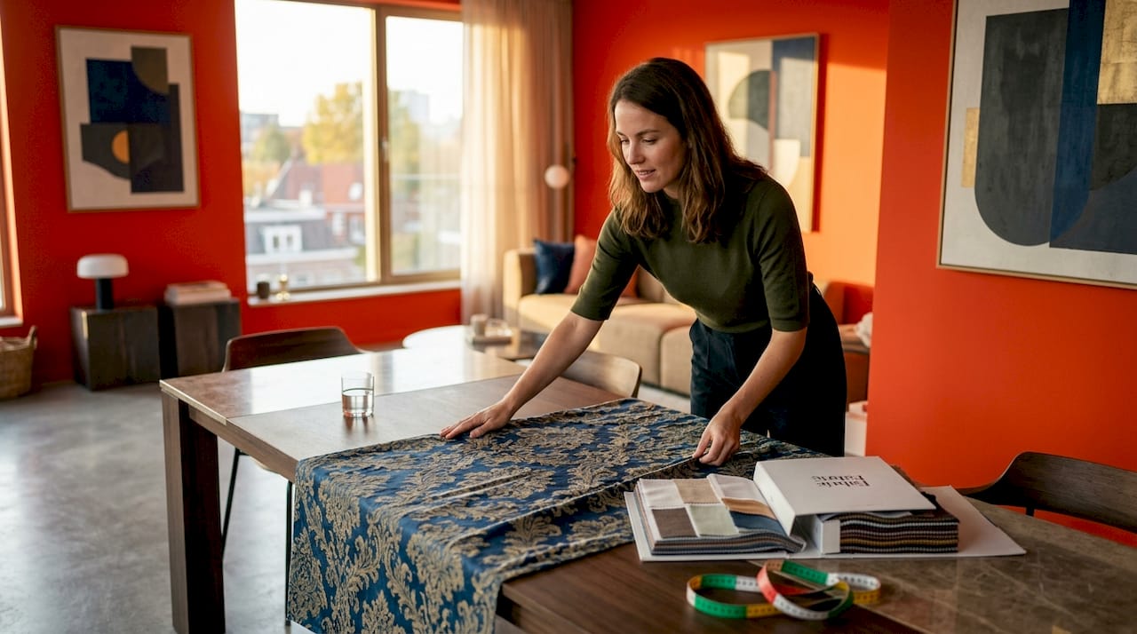 Woman smoothing patterned damask tablecloth
