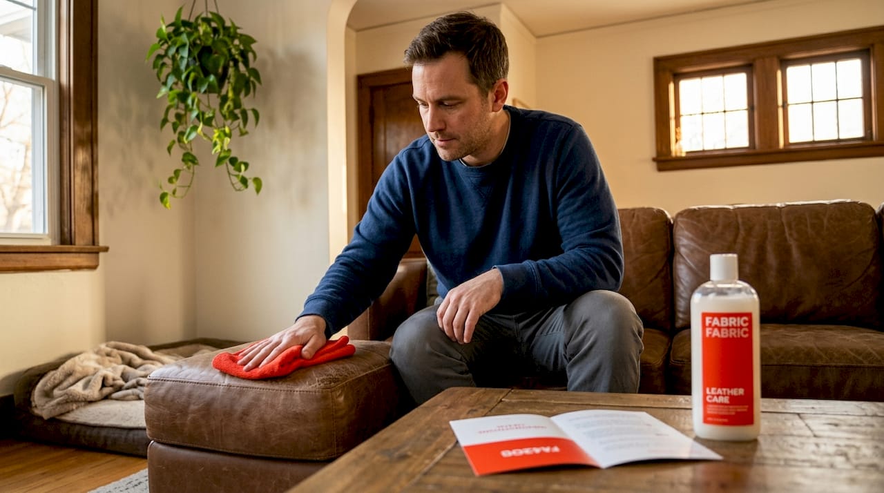 Man cleans leather sofa with cloth