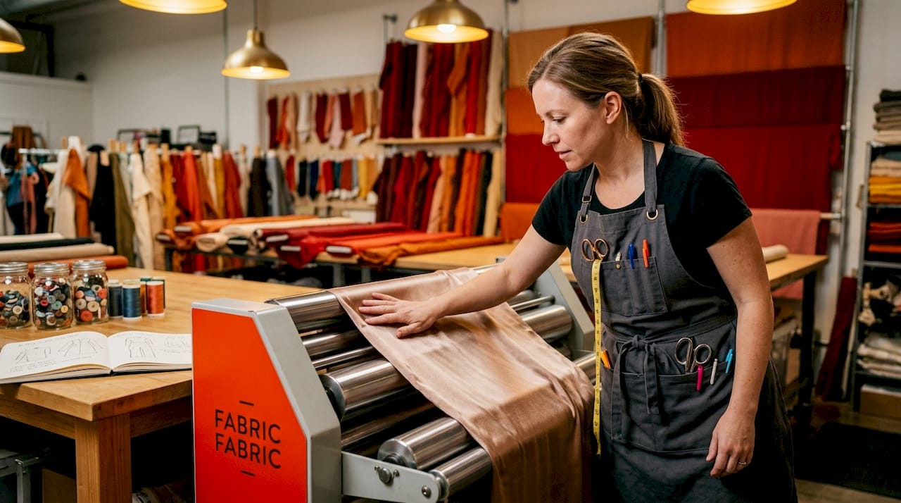 Technician checking rayon fabric in studio