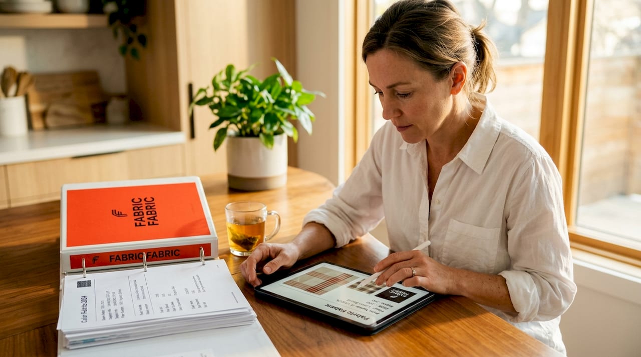 Business owner reviews textile order specifications