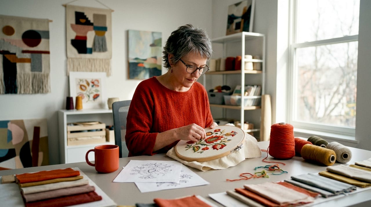 Woman stitching crewel embroidery at home table