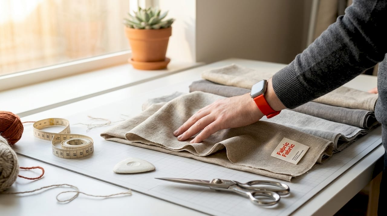 Hand examining linen fabric for crewelwork