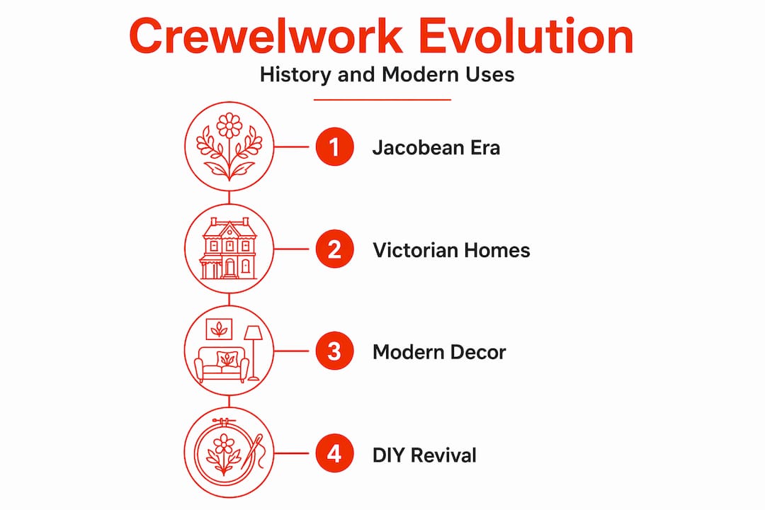 Timeline infographic showing crewelwork history from Jacobean era to modern