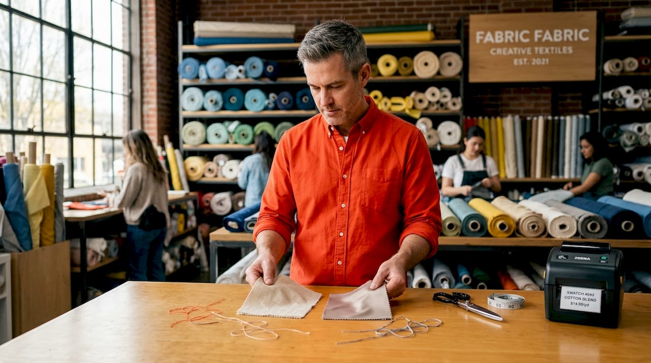 Fabric store associate comparing cotton and polyester