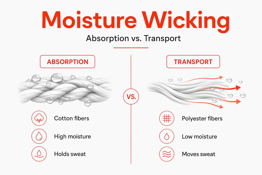 Infographic comparing absorption and transport in fabrics