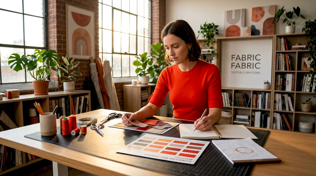 Designer comparing fabric swatches in studio