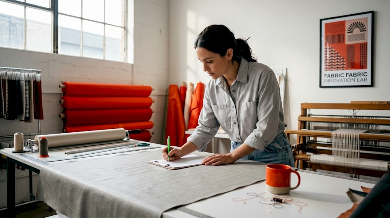 Textile engineer inspecting synthetic leather sheet