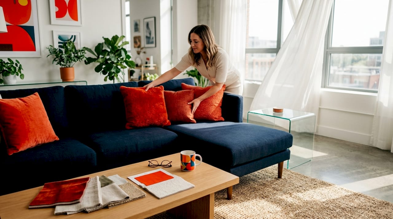 Woman arranging modern interior fabric swatches
