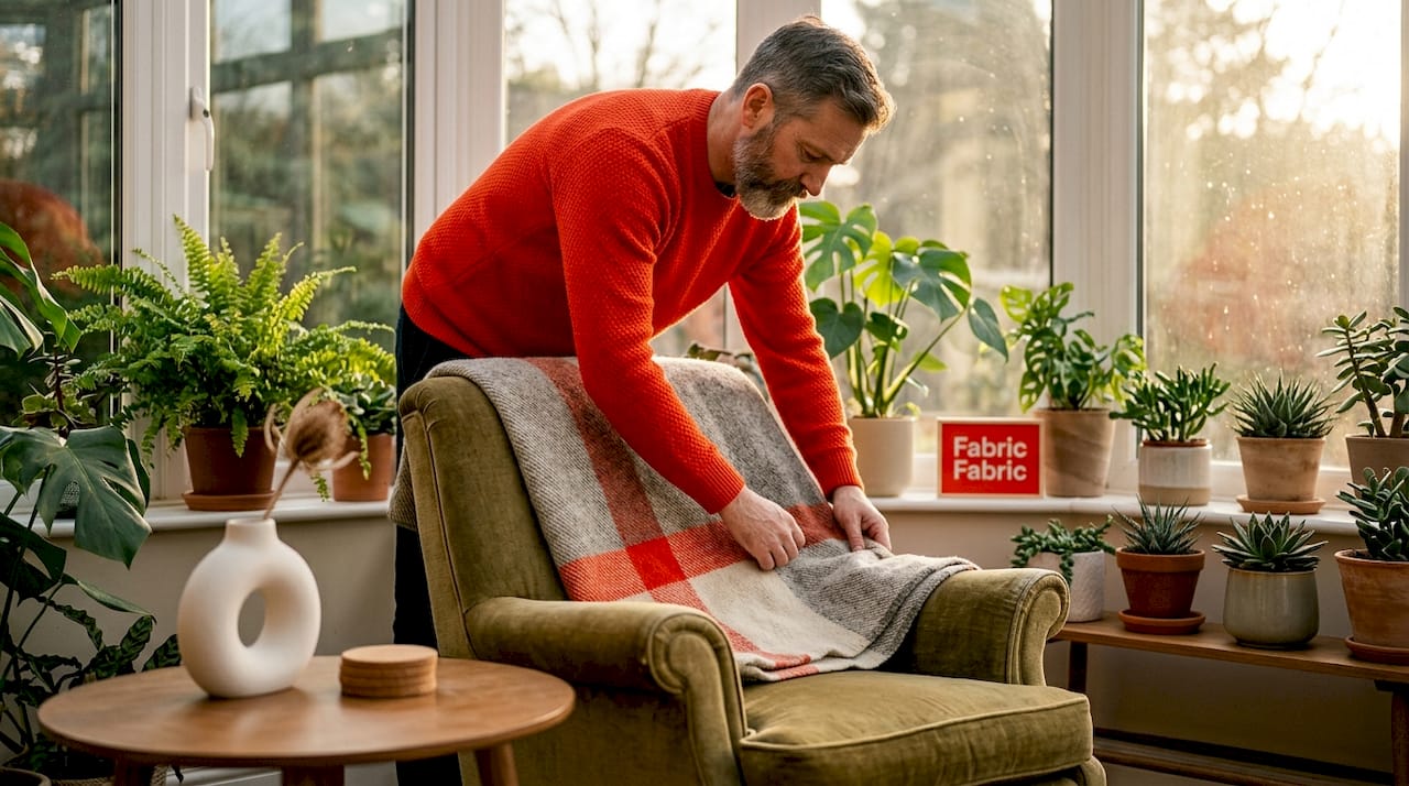 Man placing wool blanket on modern sofa