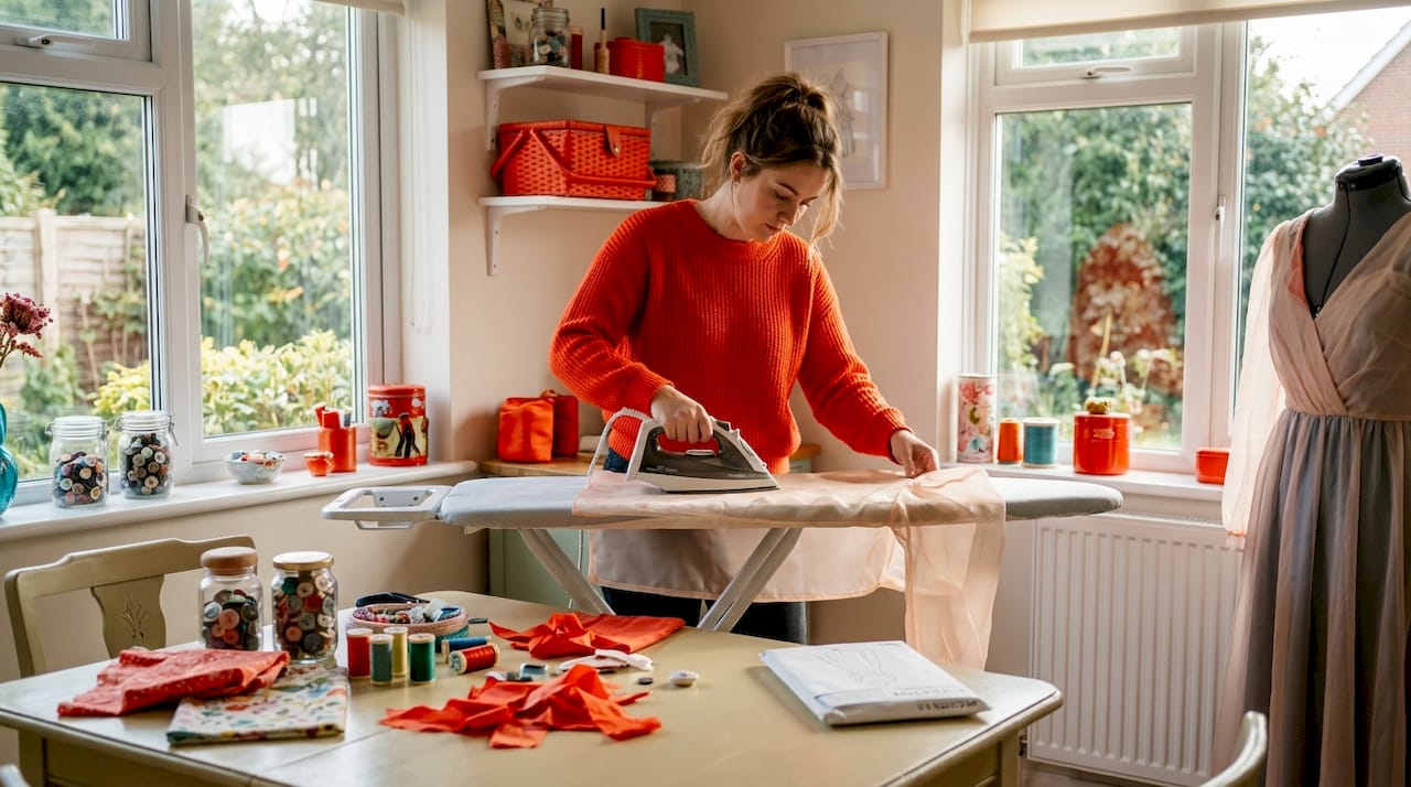 Woman presses organza dress sleeves at home