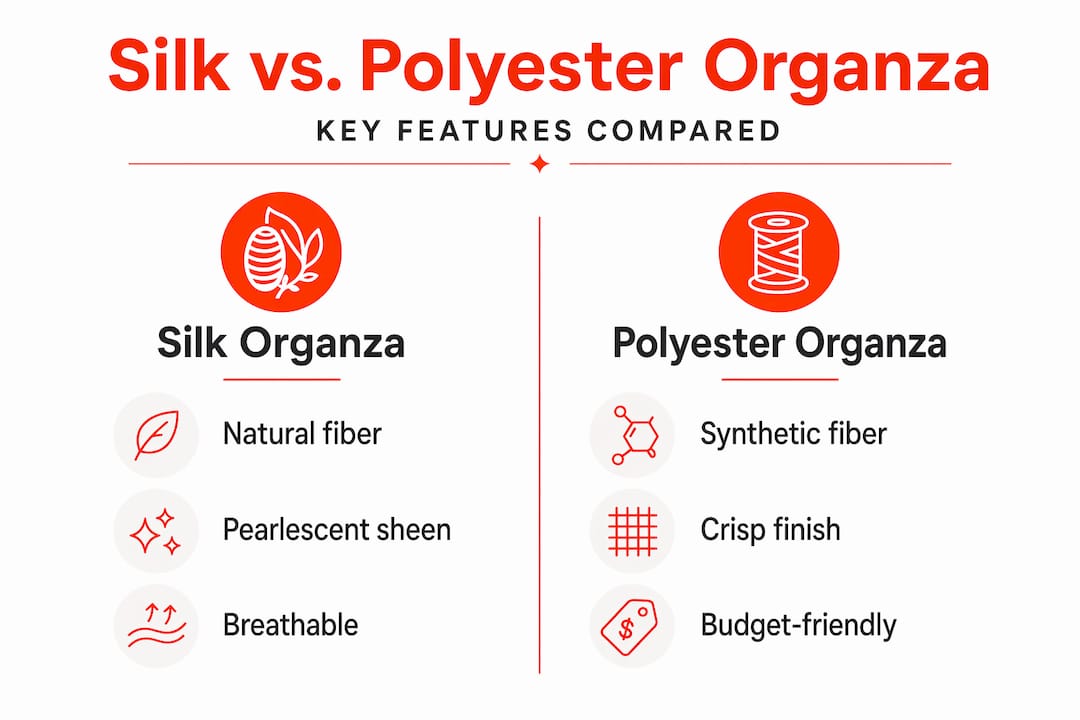 Infographic comparing silk and polyester organza features