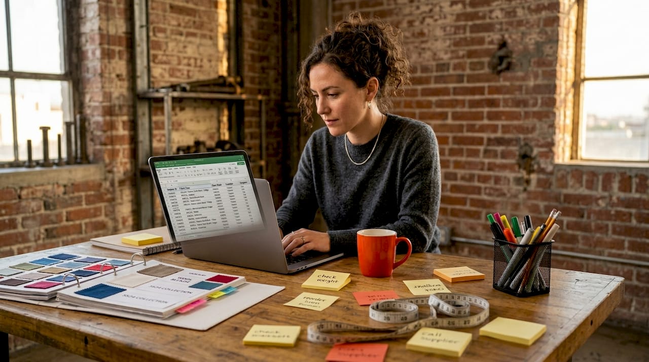 Designer organizing fabric samples in home studio