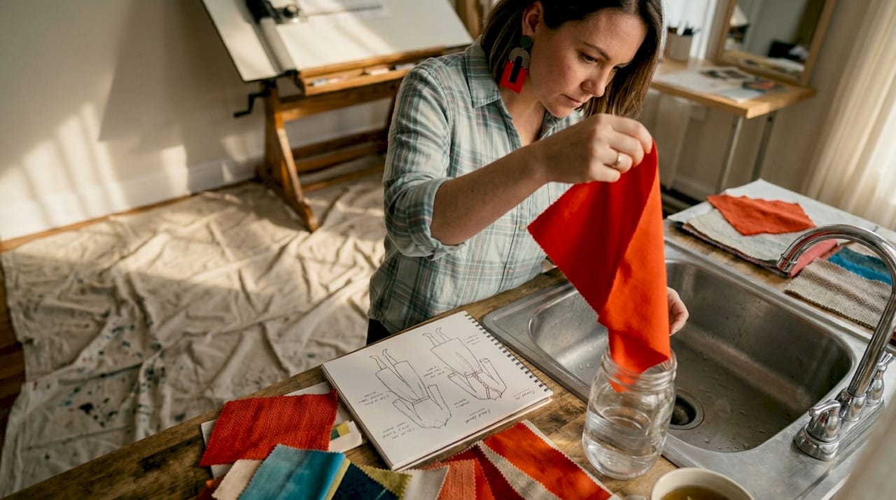 Designer tests fabric swatch colorfastness at studio
