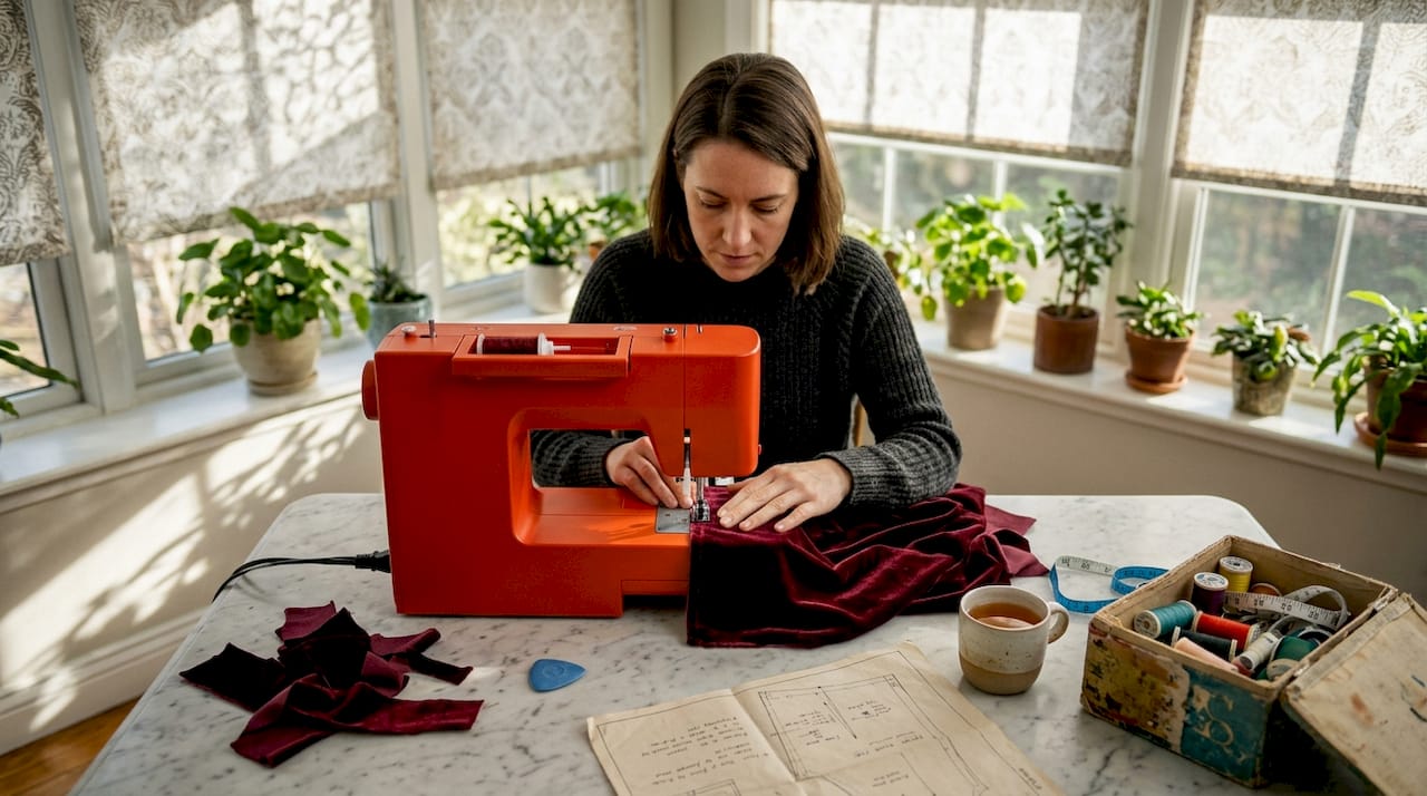 Sewist working on velvet at home table