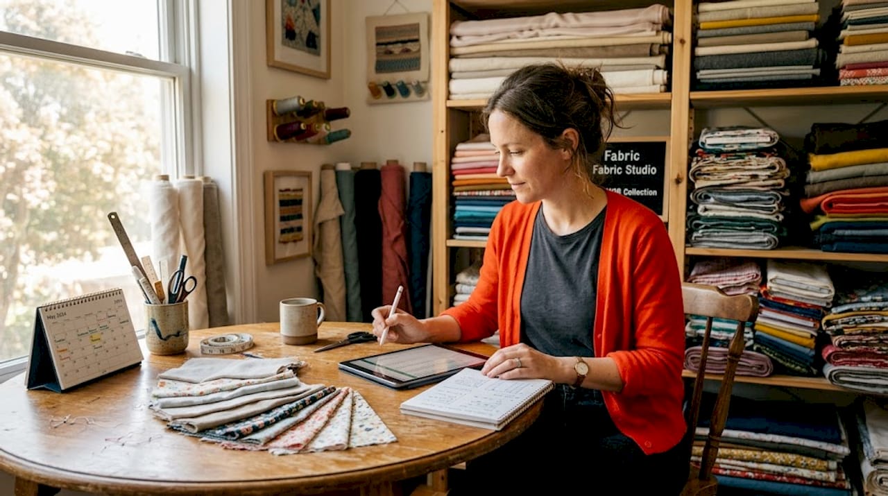 Owner planning bulk fabric purchases studio
