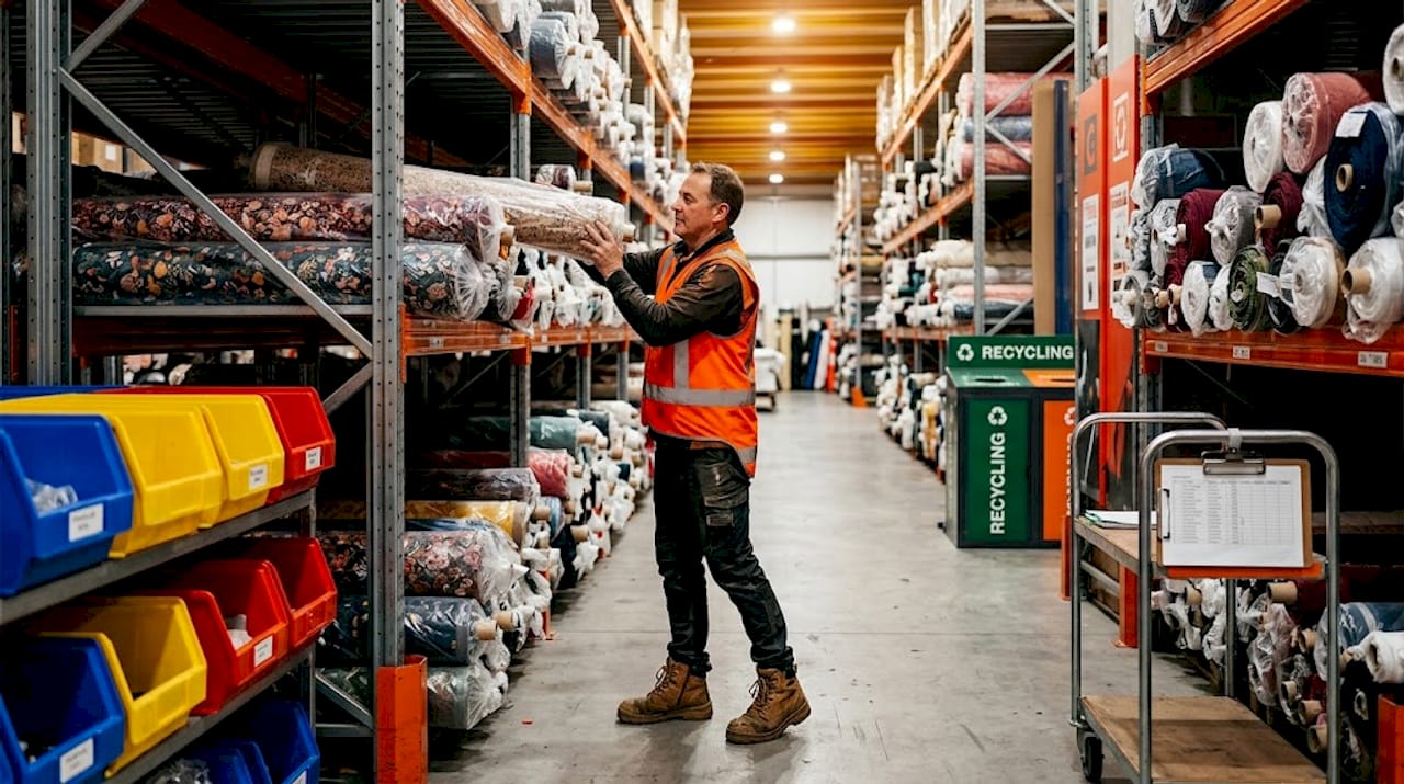 Warehouse worker storing sustainable fabric rolls