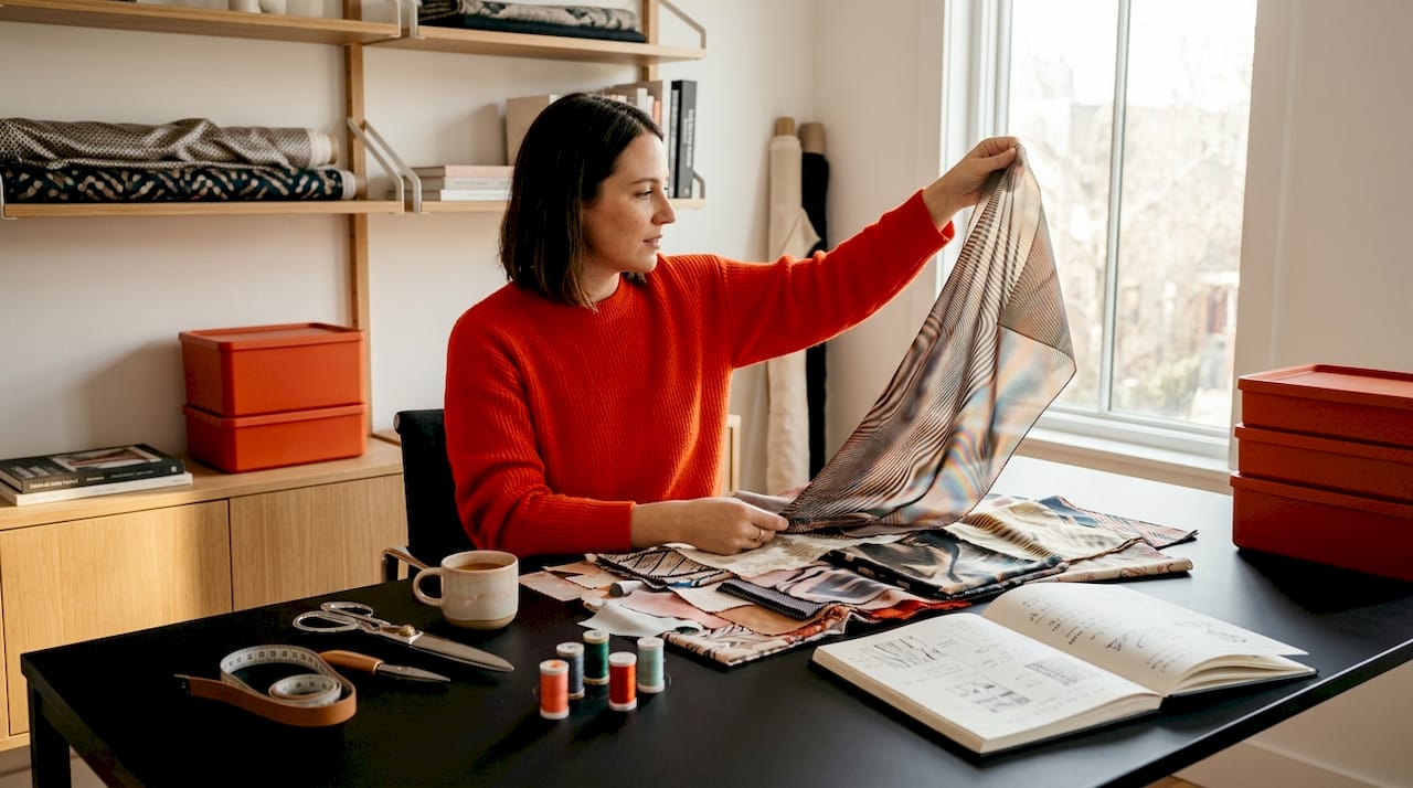 Textile designer examining moiré fabric swatches