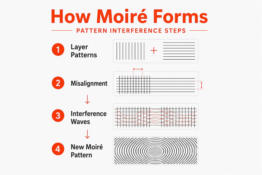 Infographic showing how moiré forms in four steps