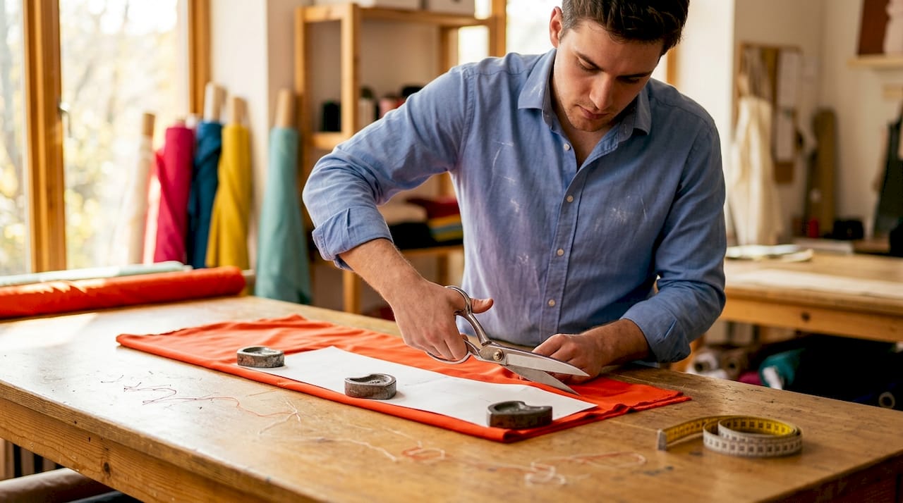 Tailor preparing to cut bias fabric accurately