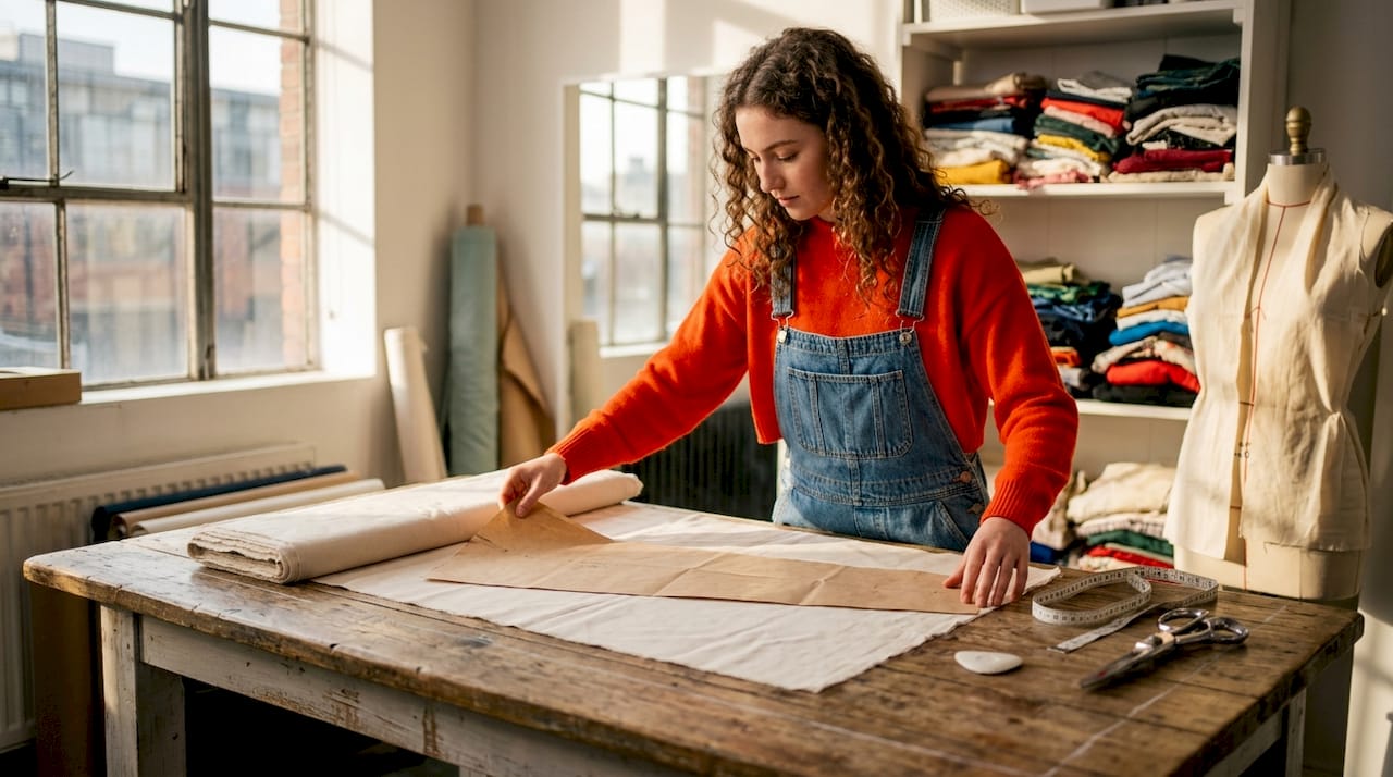 Fashion student arranging fabric pattern in studio