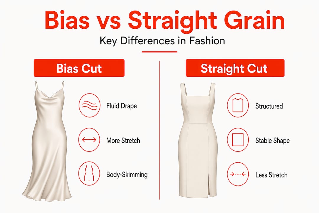 Infographic comparing bias cut and straight cut