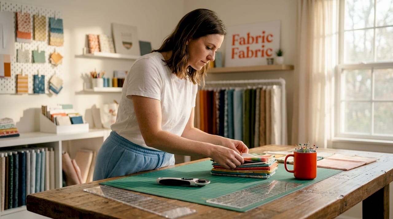 Crafter setting up fabric cutting workspace