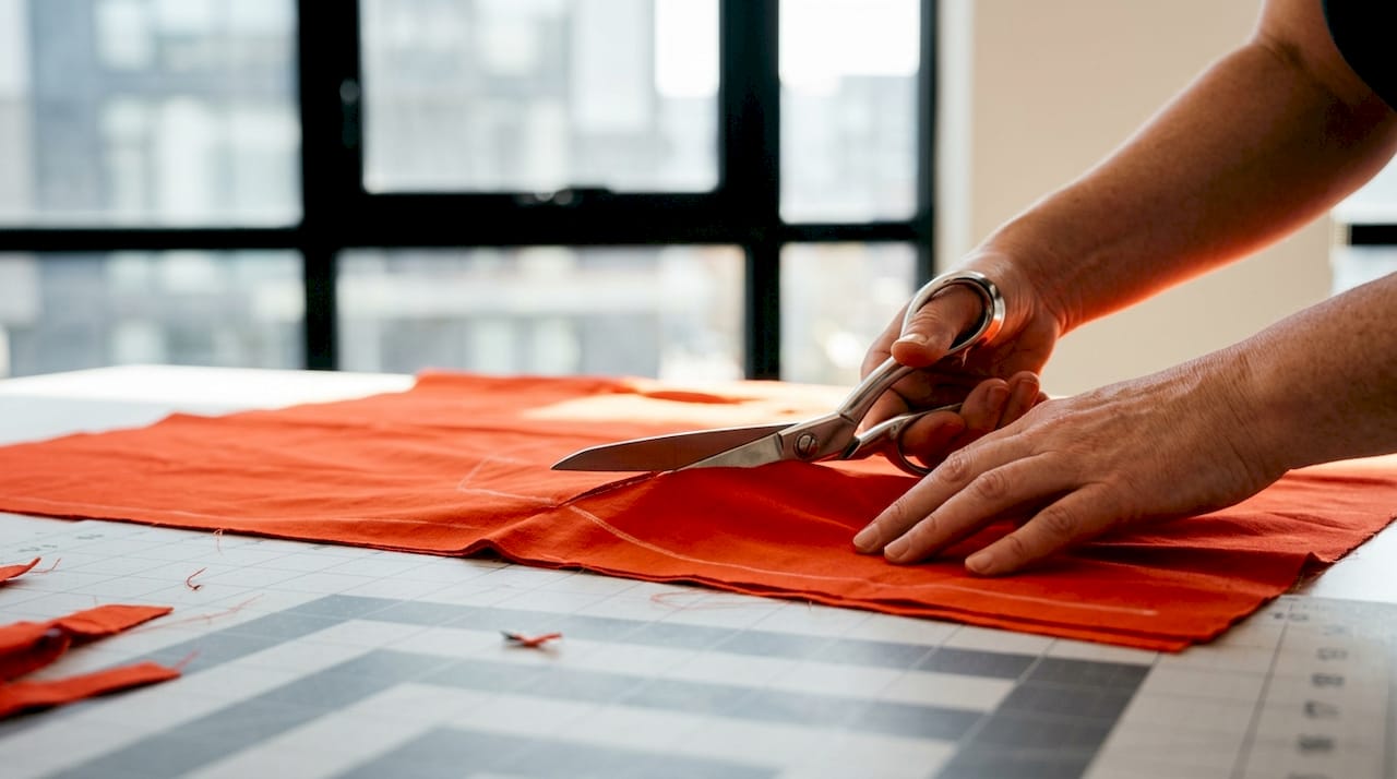 Closeup hands cutting fabric curves