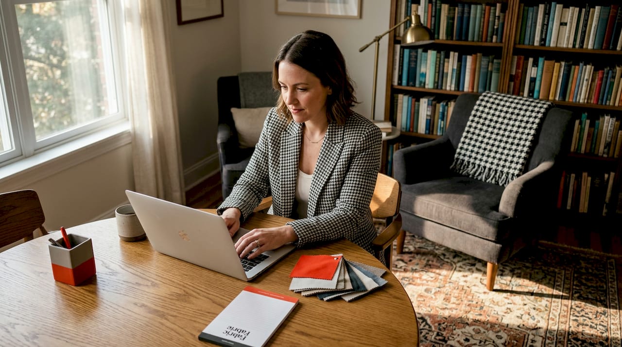 Woman at desk with houndstooth clothing and decor
