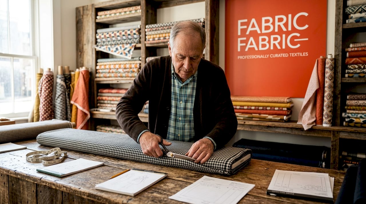 Tailor cutting houndstooth wool in shop