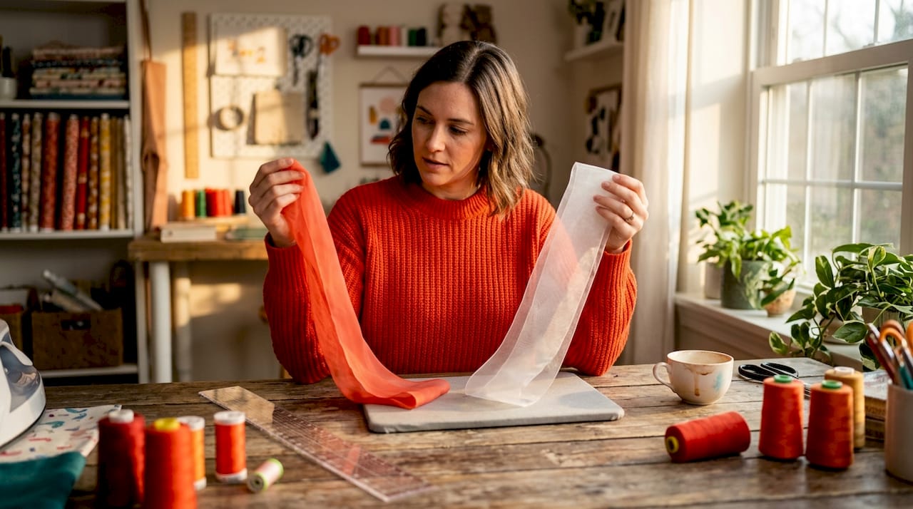 Woman comparing chiffon and organza at sewing table