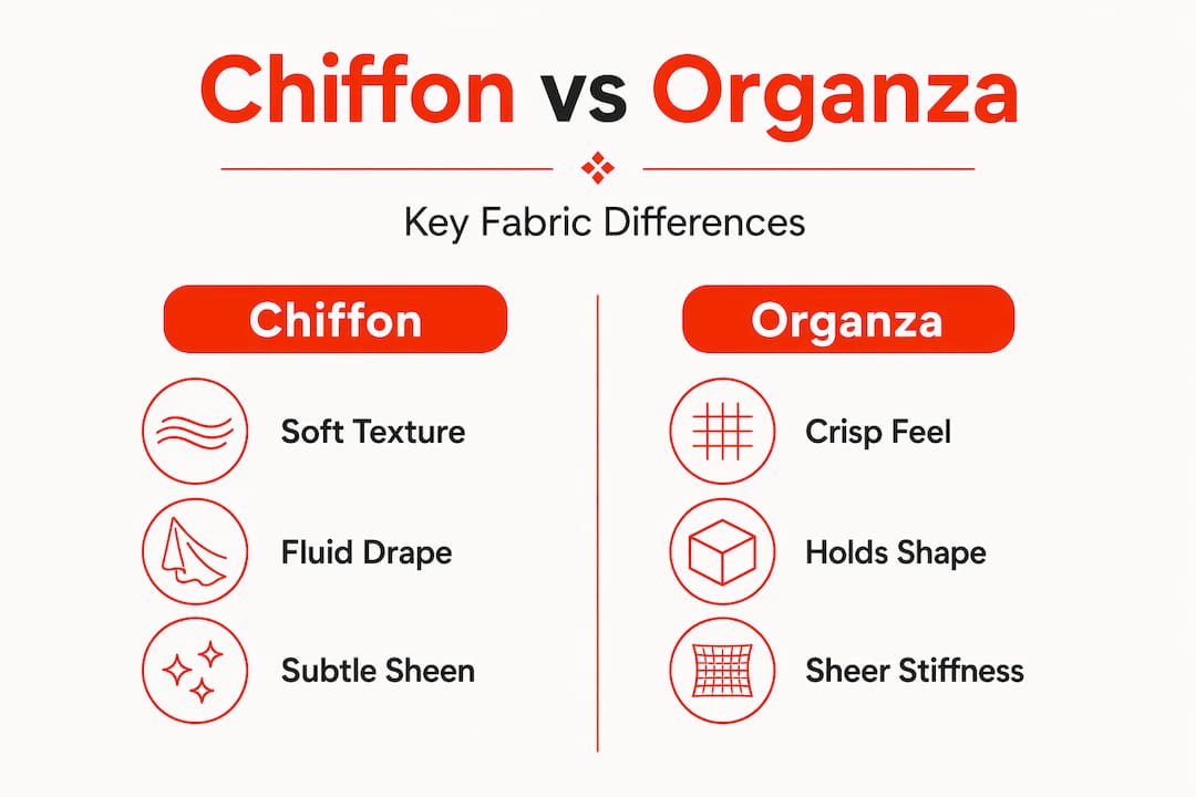 Infographic contrasting chiffon vs organza attributes