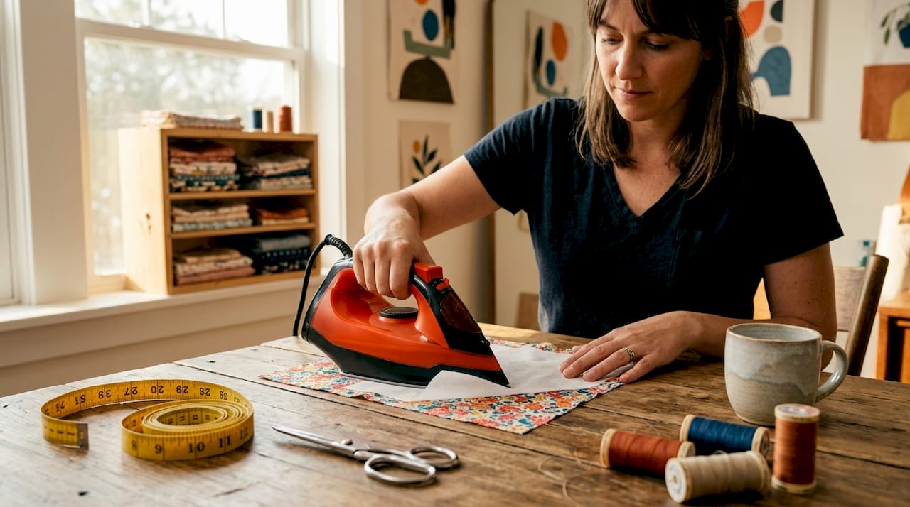 Sewist pressing fusible interfacing onto fabric
