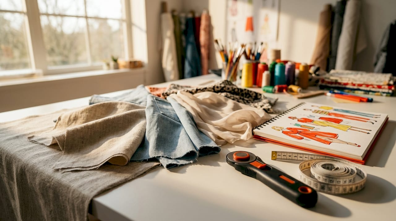 Fabric swatches spread on wooden table with tools