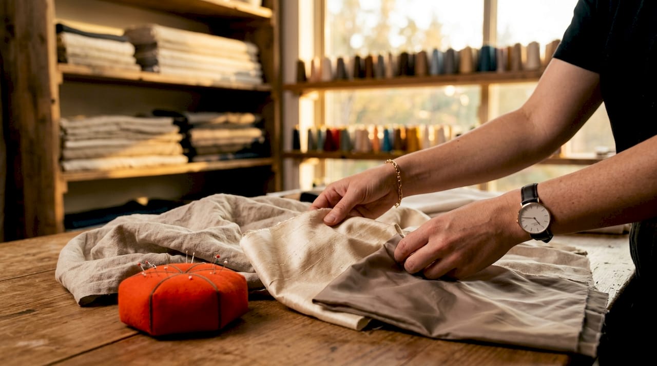 Hands handling natural and synthetic fiber fabrics