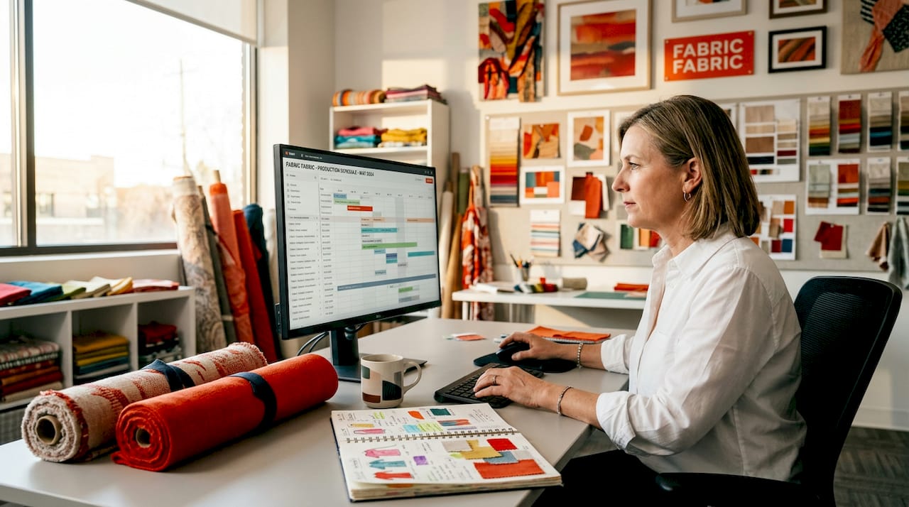 Textile planner reviewing workflow on computer