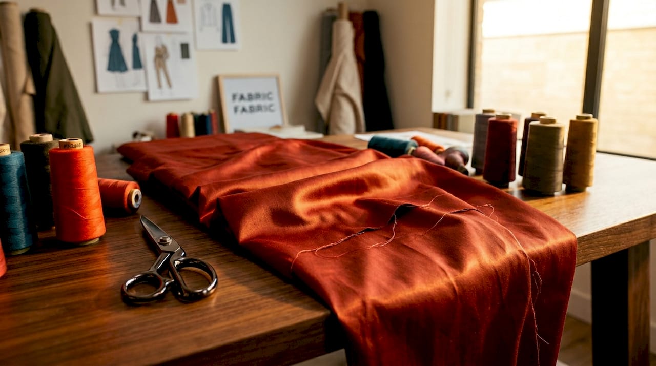 Close-up of folded shiny cotton sateen fabric on wood